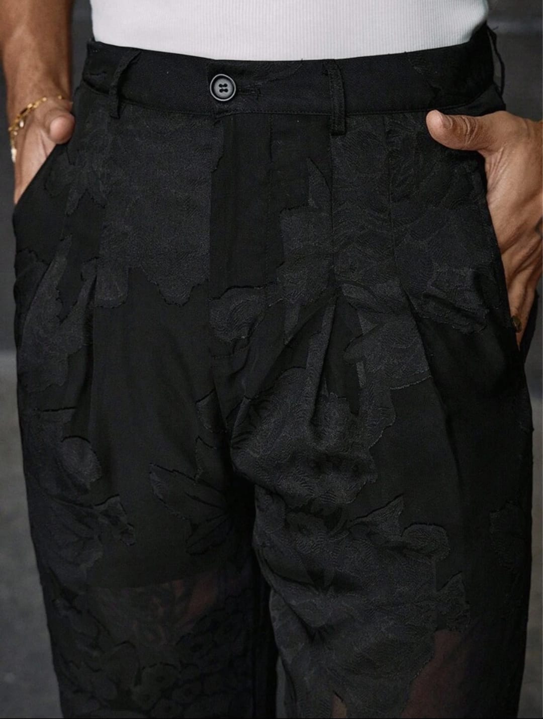 Men's Black Floral Sheer Wide-Leg Trousers – Elegant Mesh Statement Pants